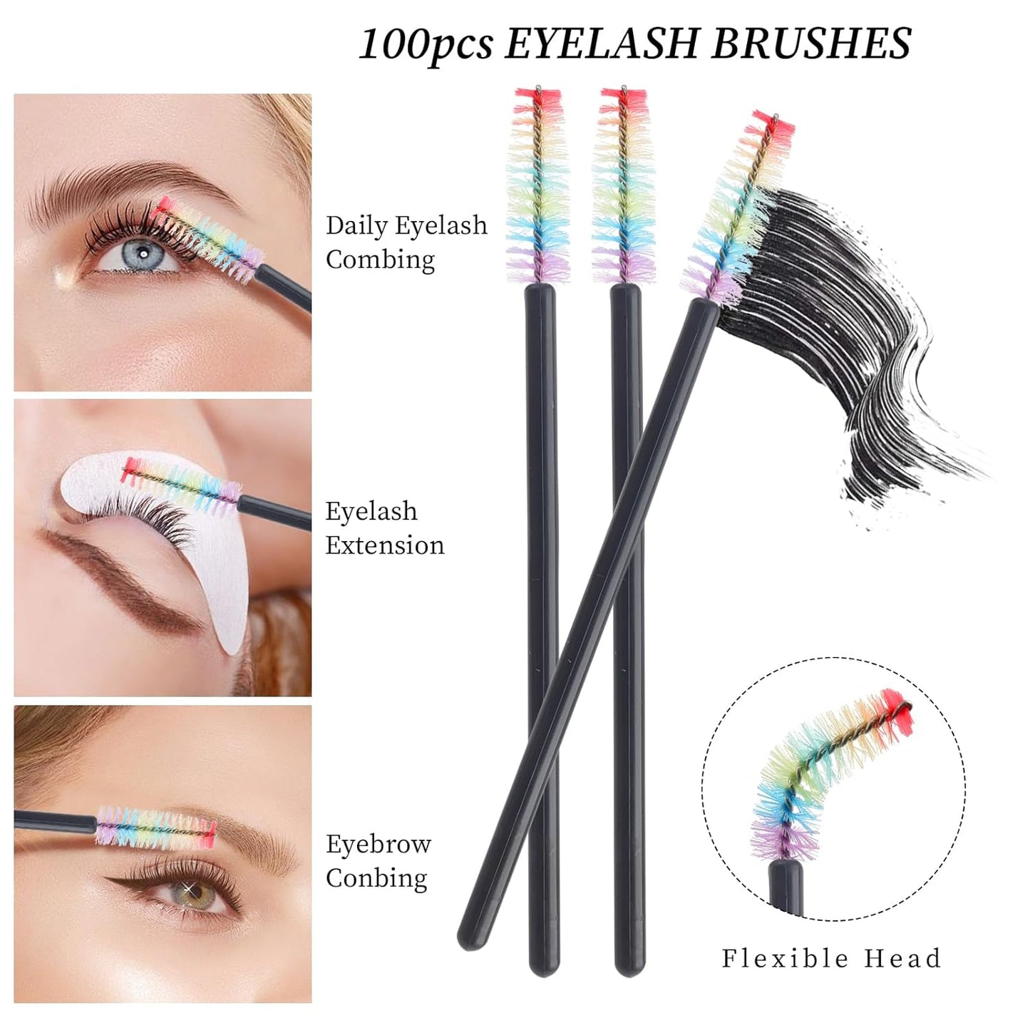 300 PCS Eyelash Extension Supplies Kit, Disposable Lash Spoolies Brushes Micro Swab Brushes Mascara Wand Lip Brushes for Eyelash Extension Tattoo Lipstick Applicator（Black Rainbow）