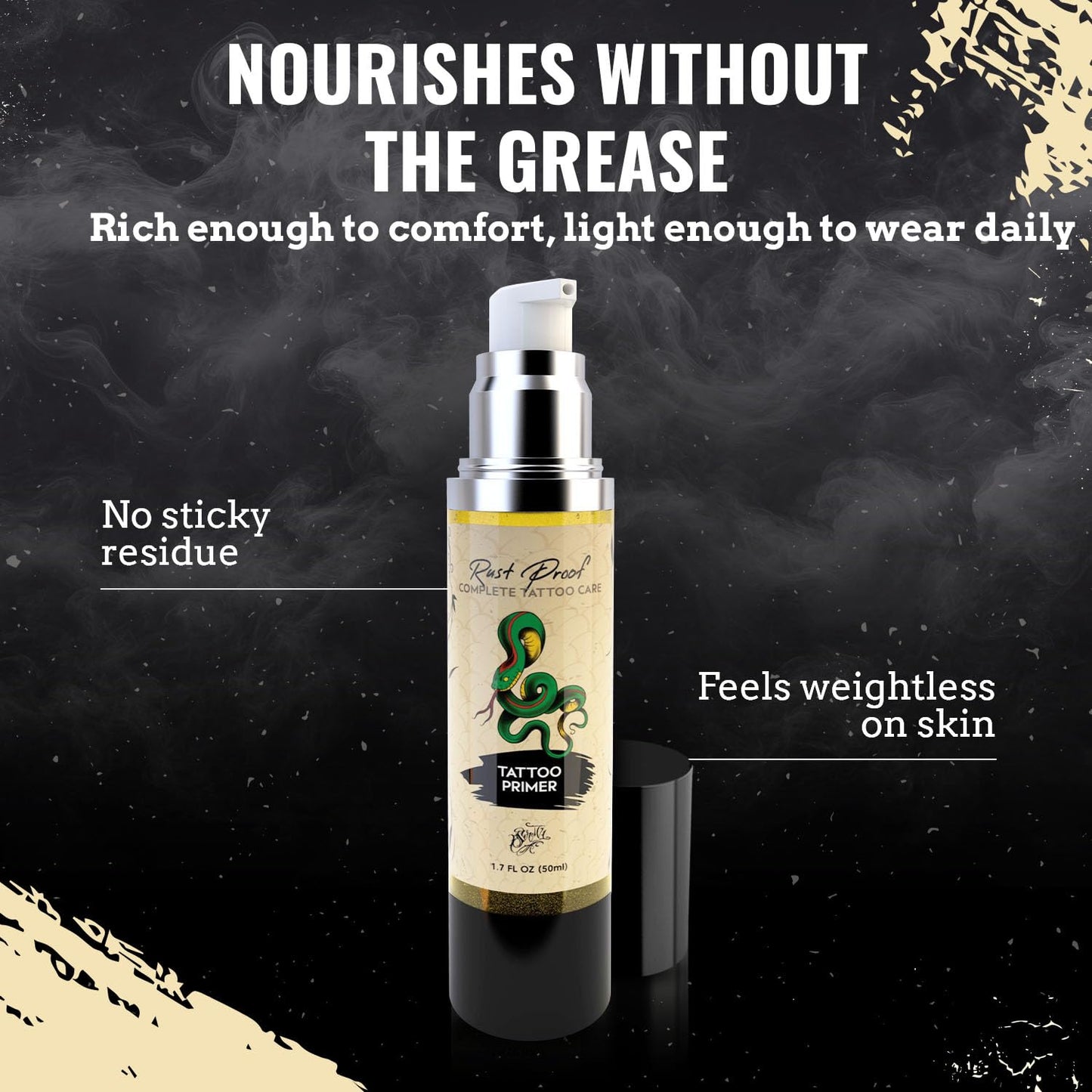 Rust Proof Tattoo Primer 1.7 Fl oz – Lightweight Body Oil Preps and Soothes Tattooed Skin – Fast-Absorbing, Non-Greasy Repair Oil with 14 Essential Oils – Supports Comfort and Skin Vitality