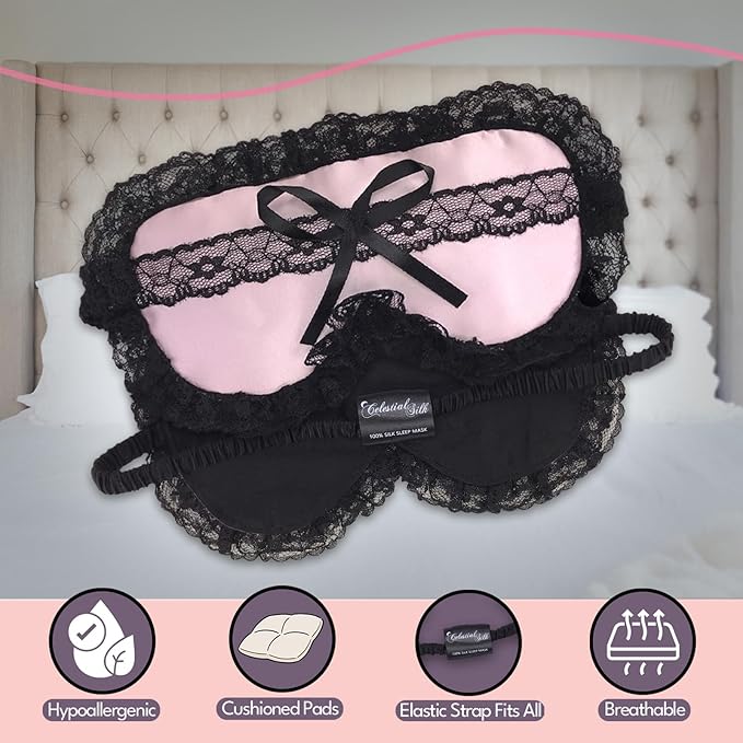 Celestial Silk Mulberry Silk Sleep Eye Mask with Adjustable Elastic Strap (One Size, Silk & Lace)