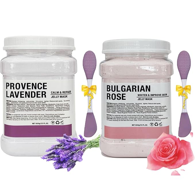 Jelly Mask Powder for Facials Care,Rose Jelly Face Mask,Lavender Jelly Face Mask,Hydrating, Brightening & Nourishing,DIY SPA Rubber Mask,with double-ended silicone brush,23 Fl Oz