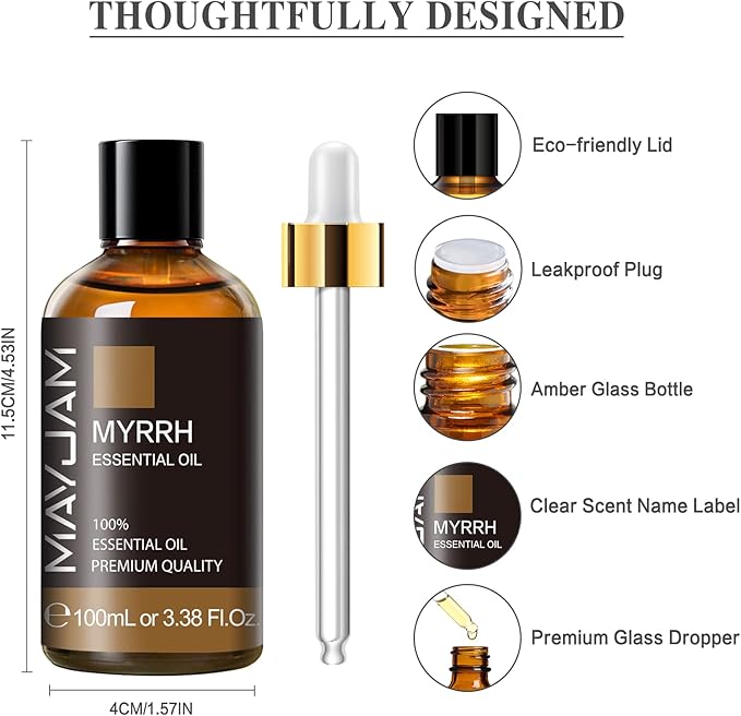 Myrrh Essential Oil 100ML/3.38FL.OZ, MAYJAM Premium Myrrh Oil Essential Oils with Glass Dropper, Great for Diffuser and Candle Making