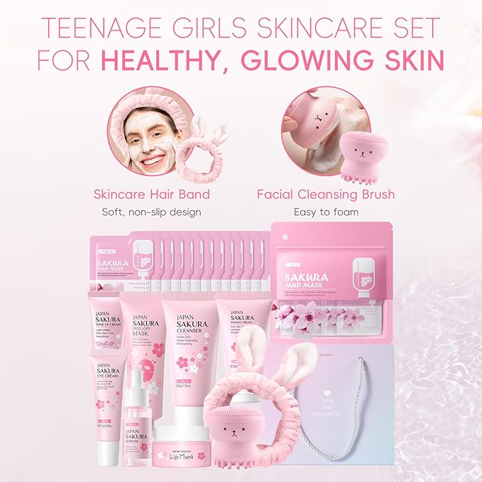 Sakura Skincare Set for Teen Girls, Complete 34PCS Face Care Kit, Christmas Pamper Gift Set for Women & Teenage Girls, Hydrating & Nourishing Travel-Friendly Daily Facial Skincare Routine