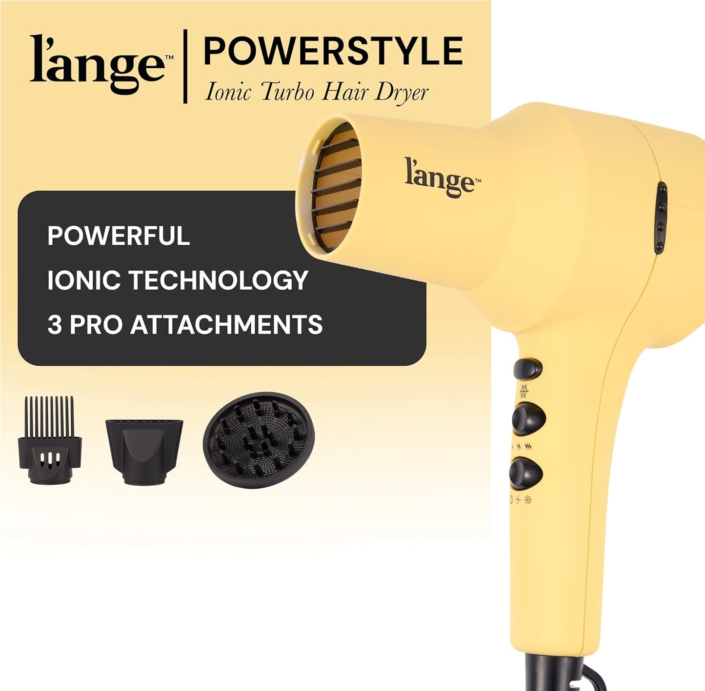 L'ANGE HAIR PowerStyle Ionic Turbo Hair Dryer | 1875W Fast Drying & Precision Styling for Long-Lasting, Frizz-Free Looks | Advanced Ionic Technology Smooths & Shines Hair (Yellow)