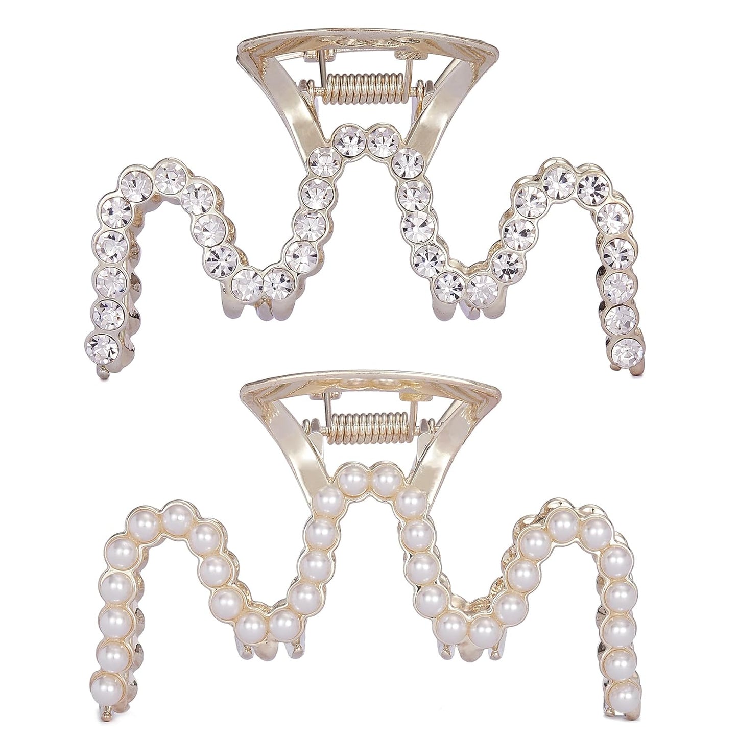 Rhinestone Hair Clips, Textention 3.4 Inch Pearl Claw Clips for Thick Hair, Crystal Metal Hair Jaw Clamps Fashion Hair Accessories for Women Bride Bridesmaid (2 Pack)