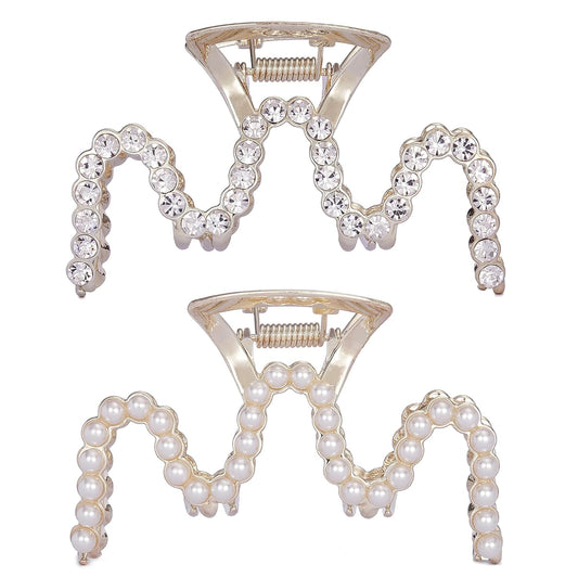 Rhinestone Hair Clips, Textention 3.4 Inch Pearl Claw Clips for Thick Hair, Crystal Metal Hair Jaw Clamps Fashion Hair Accessories for Women Bride Bridesmaid (2 Pack)