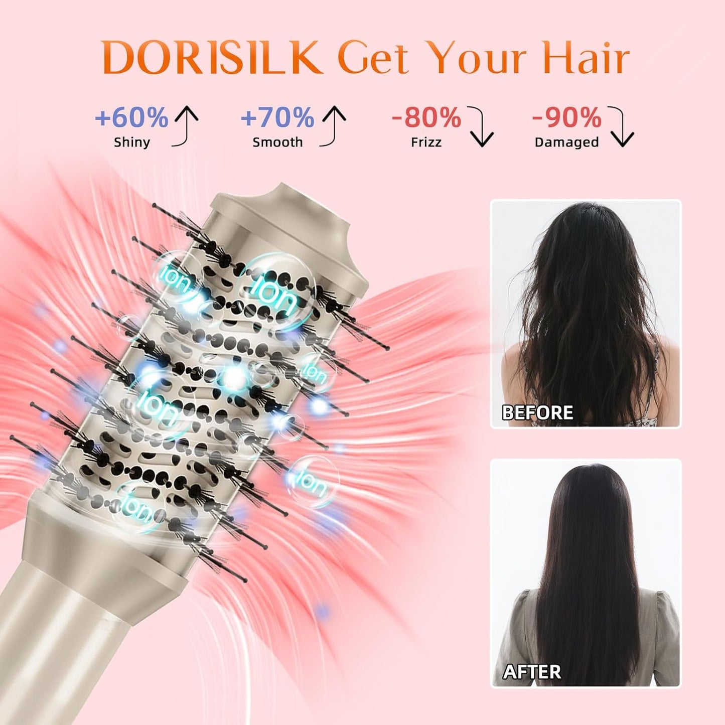 DORISILK 8 in 1 Hair Styler & Hair Dryer Brush Blow Dryer, 110,000 RPM High-Speed Hot Brush Styler and Auto Wrap Curlers, Ionic for Smoothing Straightening Curling Volumizing Drying, Champagne Gold