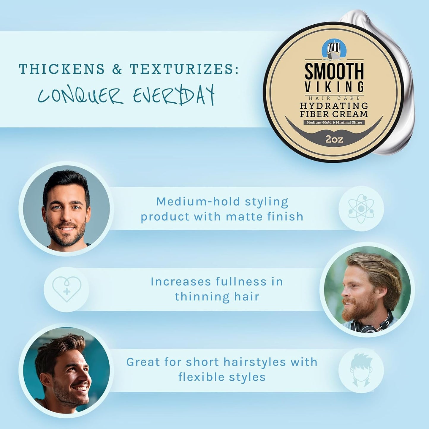 Smooth Viking Hydrating Fiber Cream for Men - Hair Cream for Men, Hair Gel for Men, Mens Hair Products, Mens Hair Paste, Styling Cream Men - Made in USA, 2oz