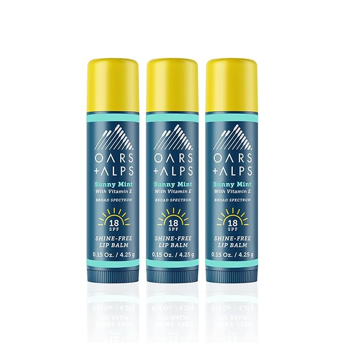 Oars + Alps Lip Suncreen, SPF 18 Lip Balm, Shine Free Sunscreen for Lips, Infused with Vitamin E, Peppermint & Spearmint, Water & Sweat Resistant, Moisturizing, Hydrating, Sunny Mint Scent, 3pk