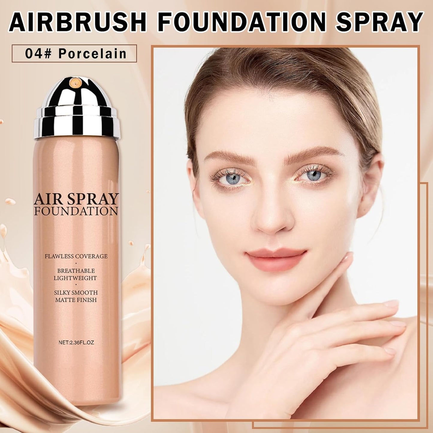 Airbrush Foundation Makeup Spray Full Coverage Foundation for Mature Skin,Long-lasting Airbrush Flawless Setting Spray,Waterproof Foundation for Smooth Radiant Skin (04 Porcelain Color)