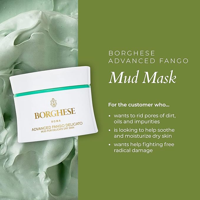 Borghese Advanced Fango Delicato Mud Musk - Hydrating Face Mask with Kaolin Clay, Aloe, Hydrolyzed Collagen & Hyaluronic Acid for Normal & Dry Skin
