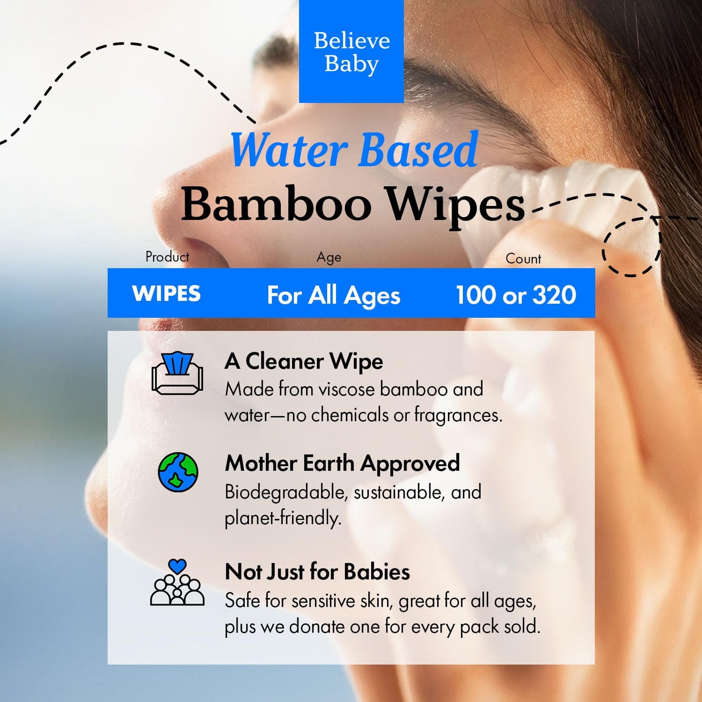 Believe Makeup Remover Wipes Travel Size 10pc x 10 Packs - Bamboo Viscose Unscented Face Wipes, Disposable Water-Based Make Up Remover, Gentle and Travel Size Makeup Wipe for Women