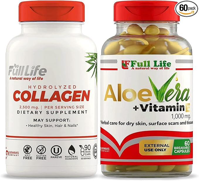 Full Life Hydrolyzed Collagen Supplement - Bovine Collagen Pills 90 Capsules and Aloe Vera with Vitamin E Capsules for Skin - Hydrating Face Moisturizer - 60 Breakable Capsules