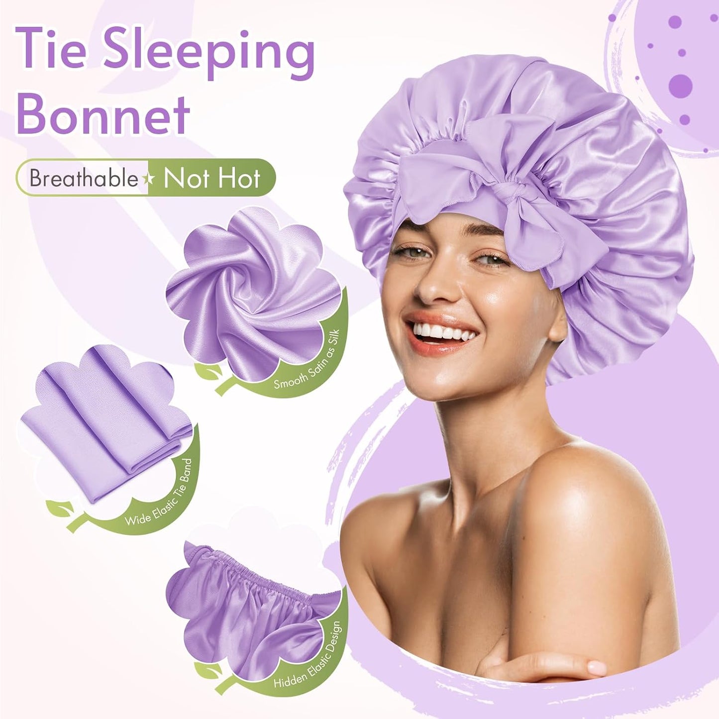 BONNET QUEEN Silk Bonnet Satin Bonnet Hair Bonnet for Sleeping Sleep Cap Bonnets for Women Girls Wig with Stretch Tie Band Edge Wrap Lilac