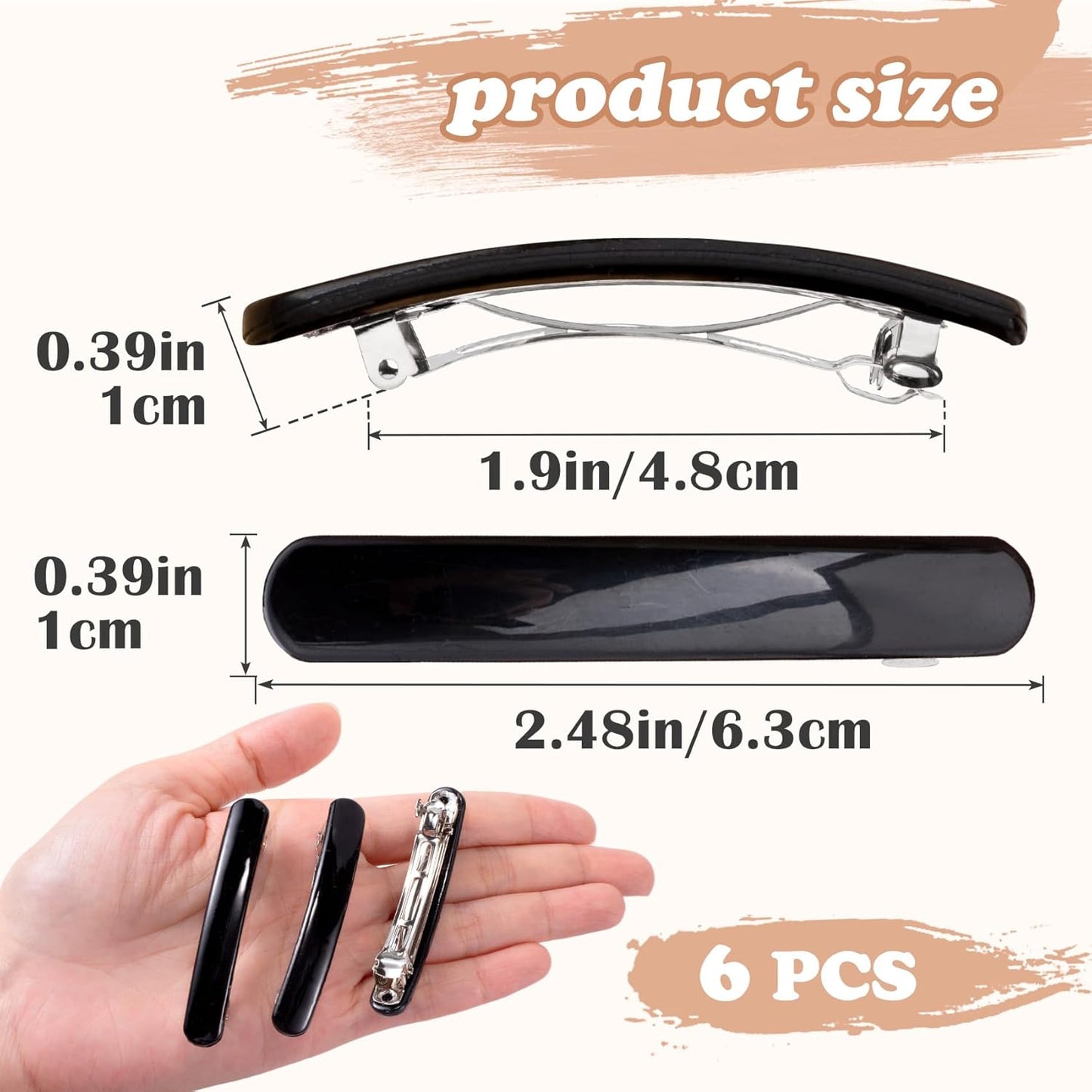 6PCS French Barrette Hair Clips for Women, 2.48 Inch Small Tortoise Shell Hair Clip, Curved Glossy Thin Hair Flat Hair Accessories for Women - Black, Oval Style