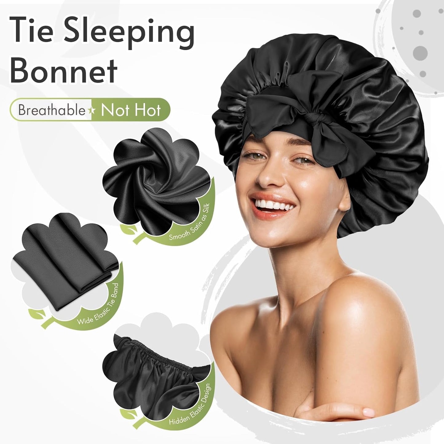 BONNET QUEEN Silk Bonnet for Sleeping Women Satin Bonnet Night Sleep Cap Wrap for Curly Hair with Adjustable Tie Band, Single Layer, Small, Black