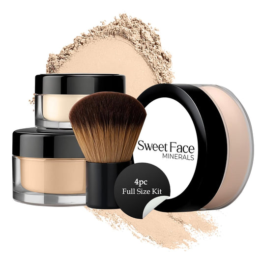 4pc Full Size Kit (Fair 1) Mineral Makeup Matte Translucent Loose Foundation + Kabuki Brush + Concealer + Finishing Setting Powder + Bare Face Full Coverage SPF 30 All Skin Types Waterproof
