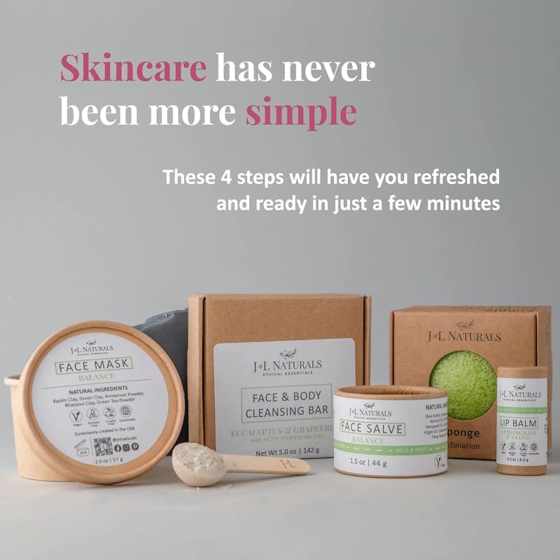 J&L Naturals Exceptional Skin Regimen Kit With Cleansing Bar, Face Salve, Konjac Sponge, Lip Balm | For Oily and Combination Skin | Zero Waste (Balance (oily, combination skin), Exceptional)
