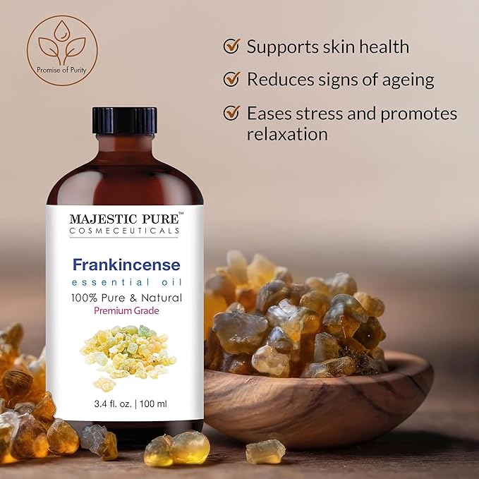 MAJESTIC PURE Frankincense Essential Oil with Glass Dropper | 100% Pure and Natural Frankincense Oil | Premium Grade Essential Oils for Diffusers, Skin, Aromatherapy, Massage | 3.4 Fl Oz