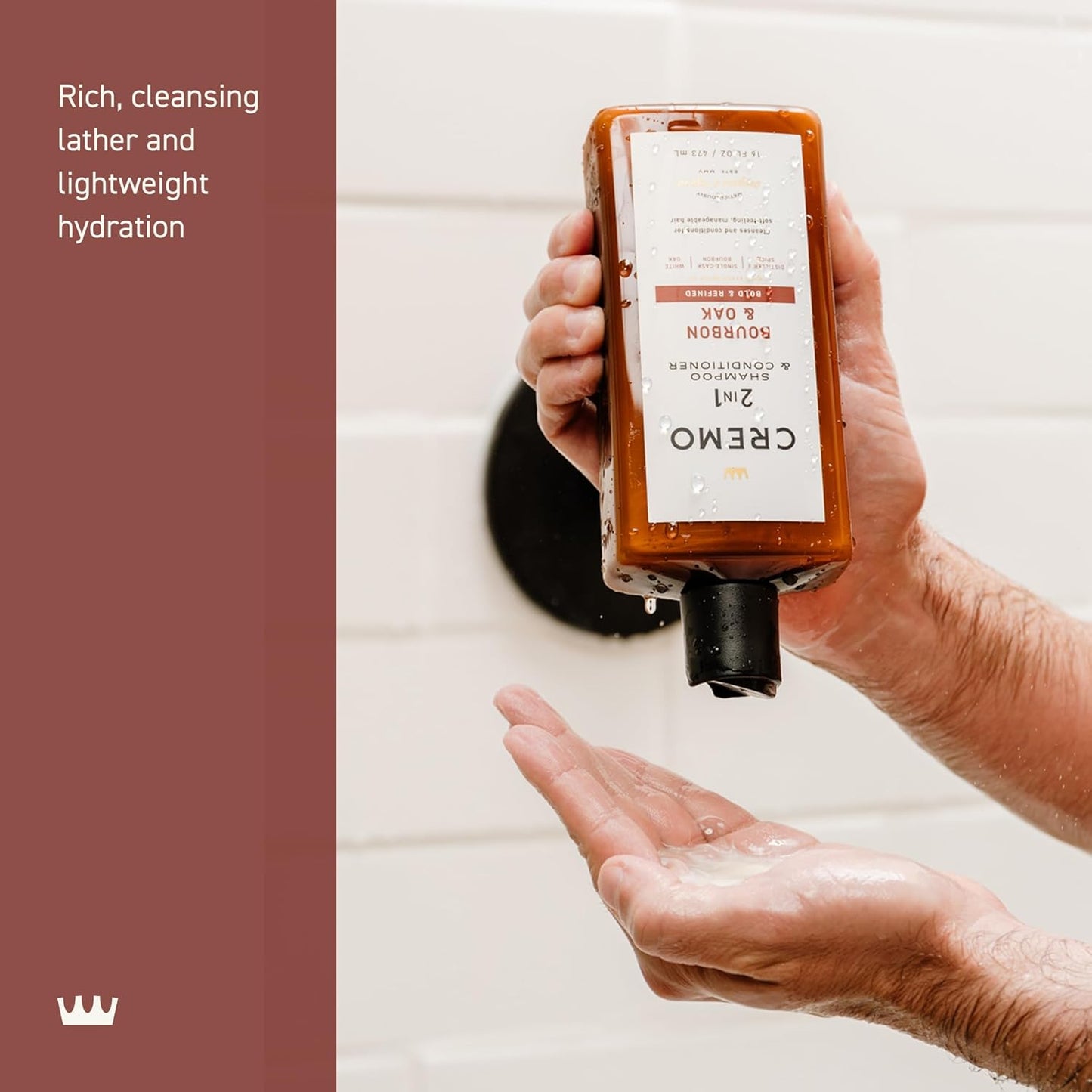 Cremo Bourbon & Oak 2-in-1 Shampoo & Conditioner, Barber Grade Quality That Moisturizes and Cleanses All Hair Types, 16 Fluid Ounce