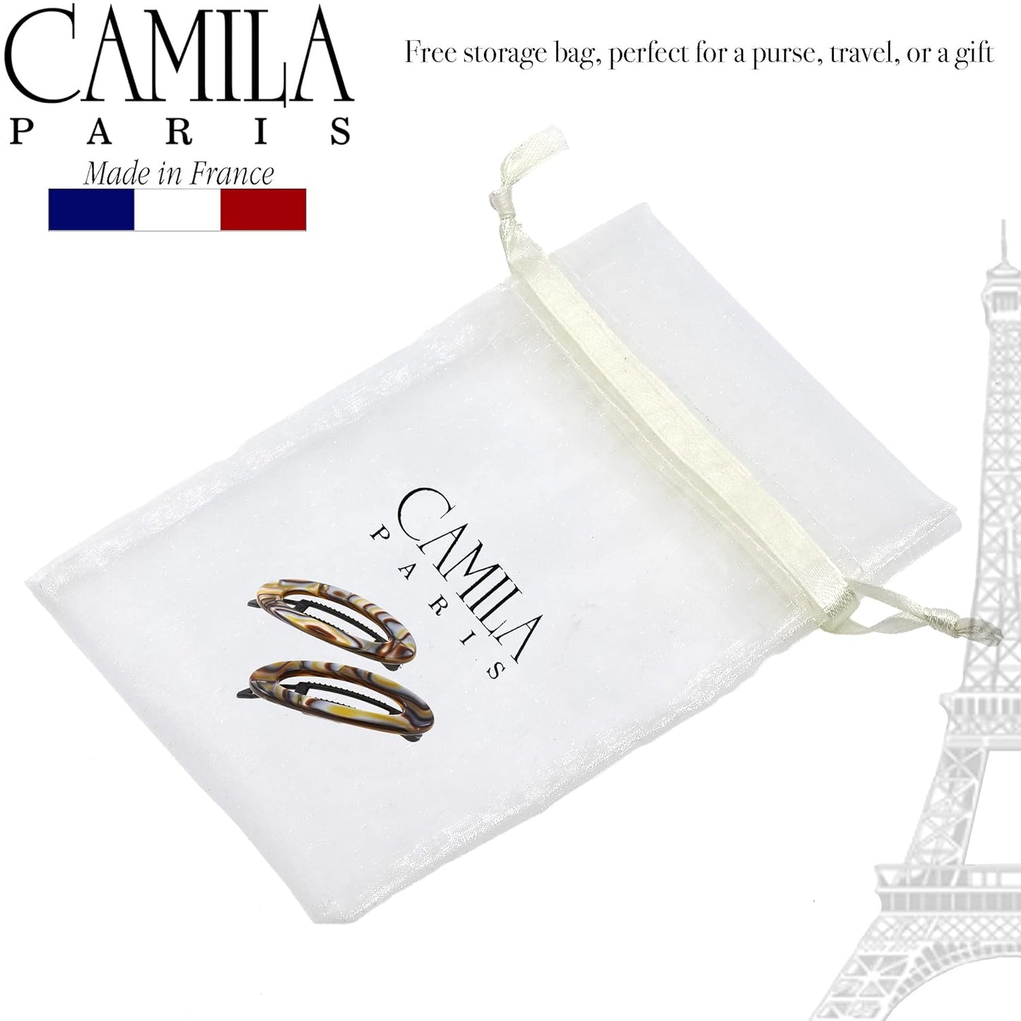 Camila Paris CP3367 French Hair Barrette Clip for Women, Handmade, Onyx, Side Slide-in Metal-Free Closure Strong Hold Grip Hair Clips for Girls, No Slip Durable Hair Accessories, Made in France