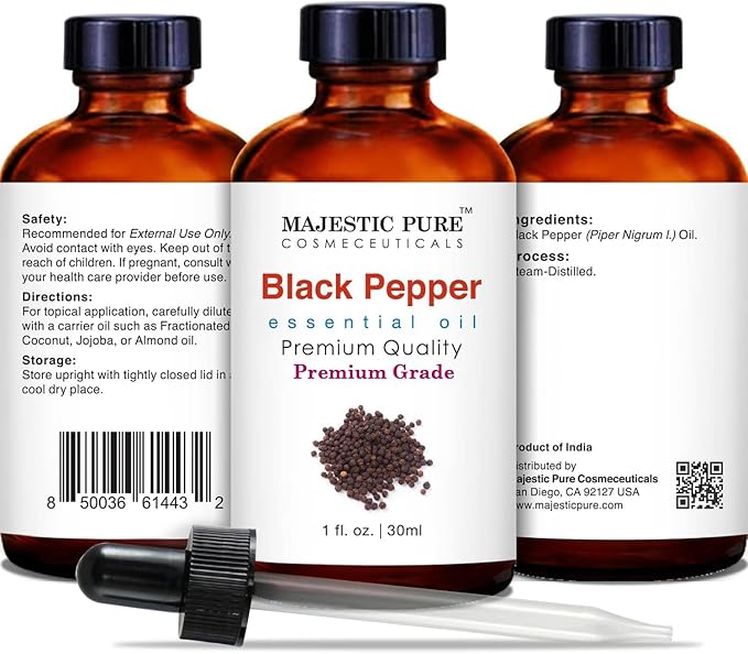 MAJESTIC PURE Blackpepper Essential Oil | 100% Pure and Natural Blackpepper Oil | Premium Grade Essential Oils for Hair Care, Home Diffusers, Skin, Aromatherapy, Massage and Humidifiers | 1 Fl Oz