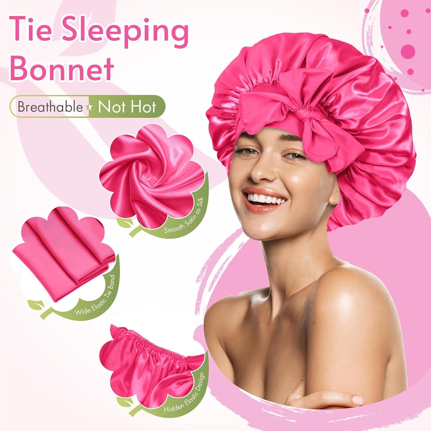BONNET QUEEN Satin Bonnet Silk Bonnet for Sleeping Hair Bonnet Tie Bonnet for Women with Stretch Band Natural Hair Hot Pink