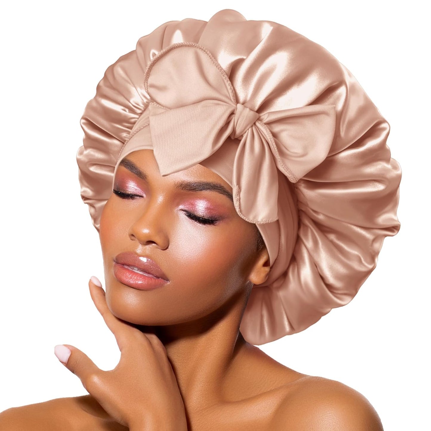 BONNET QUEEN Silk Bonnet for Sleeping Women Satin Bonnet Night Sleep Cap Wrap for Curly Hair with Adjustable Tie Band, Single Layer, Champagne
