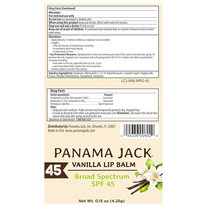 Panama Jack Sunscreen Lip Balm - SPF 45, Broad Spectrum UVA-UVB Sunscreen Protection, Prevents & Soothes Dry, Chapped Lips, Vanilla, 12-pack