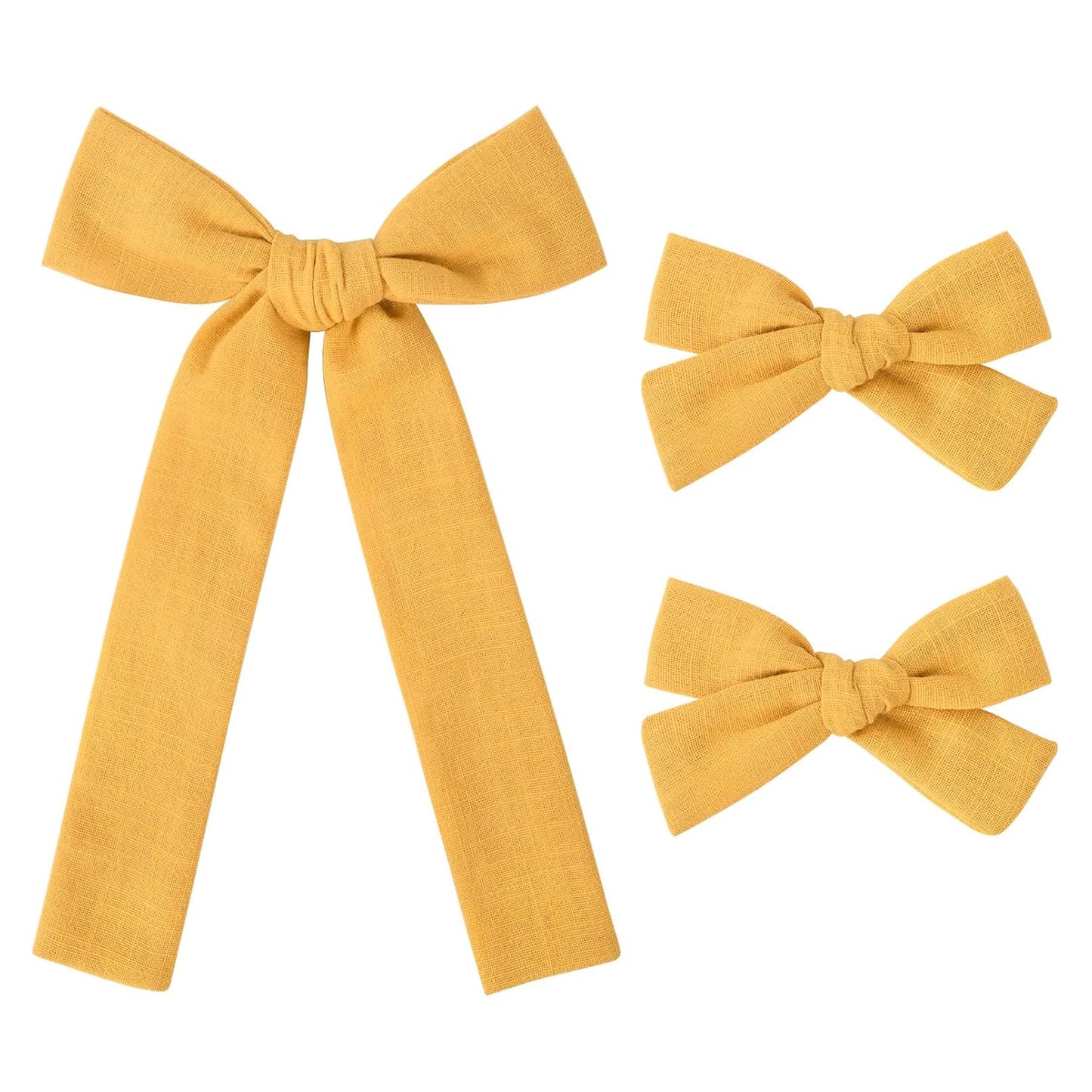 DEEKA Yellow Cotton Linen Hair Bows 2 Sizes 5"&3.5" Soft Hair Bow set for Toddler Girls Long Ponytail Knot Bows Alligator Clip Hair Accessories for Little School Girls (Ginger Yellow)
