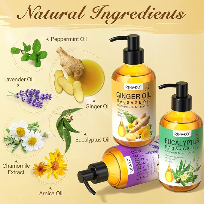 Mother's Day Gifts for Women – 3-Pack Massage Oil for Massage Therapy | Lymphatic Drainage Ginger, Relaxing Lavender, and Sore Muscle Eucalyptus Oils | Date Night & Spa Gift for Him & Her