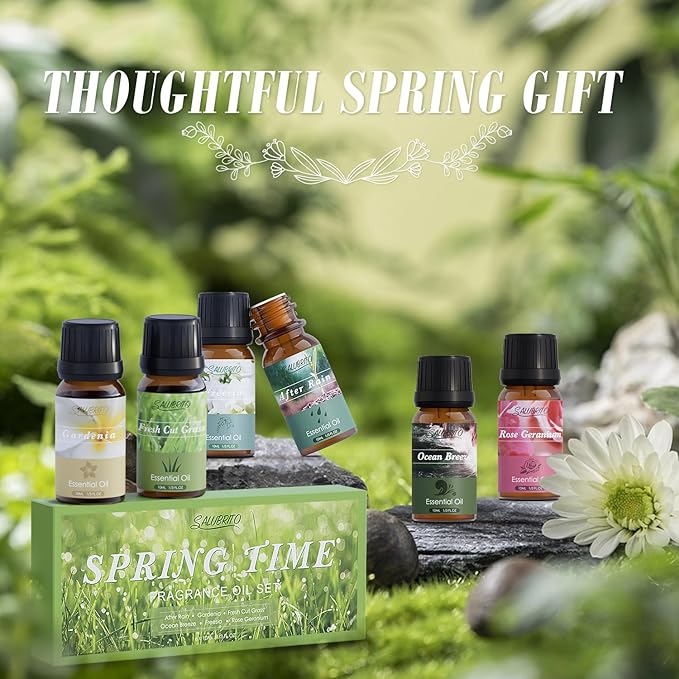 SALUBRITO Spring Fragrance Oils Set, Premium Essential Oils for Diffuser, Candle, Soap Making, After Rain, Gardenia, Fresh Cut Grass, Ocean Breeze, Freesia, Rose Geranium, Strong Scented Oils