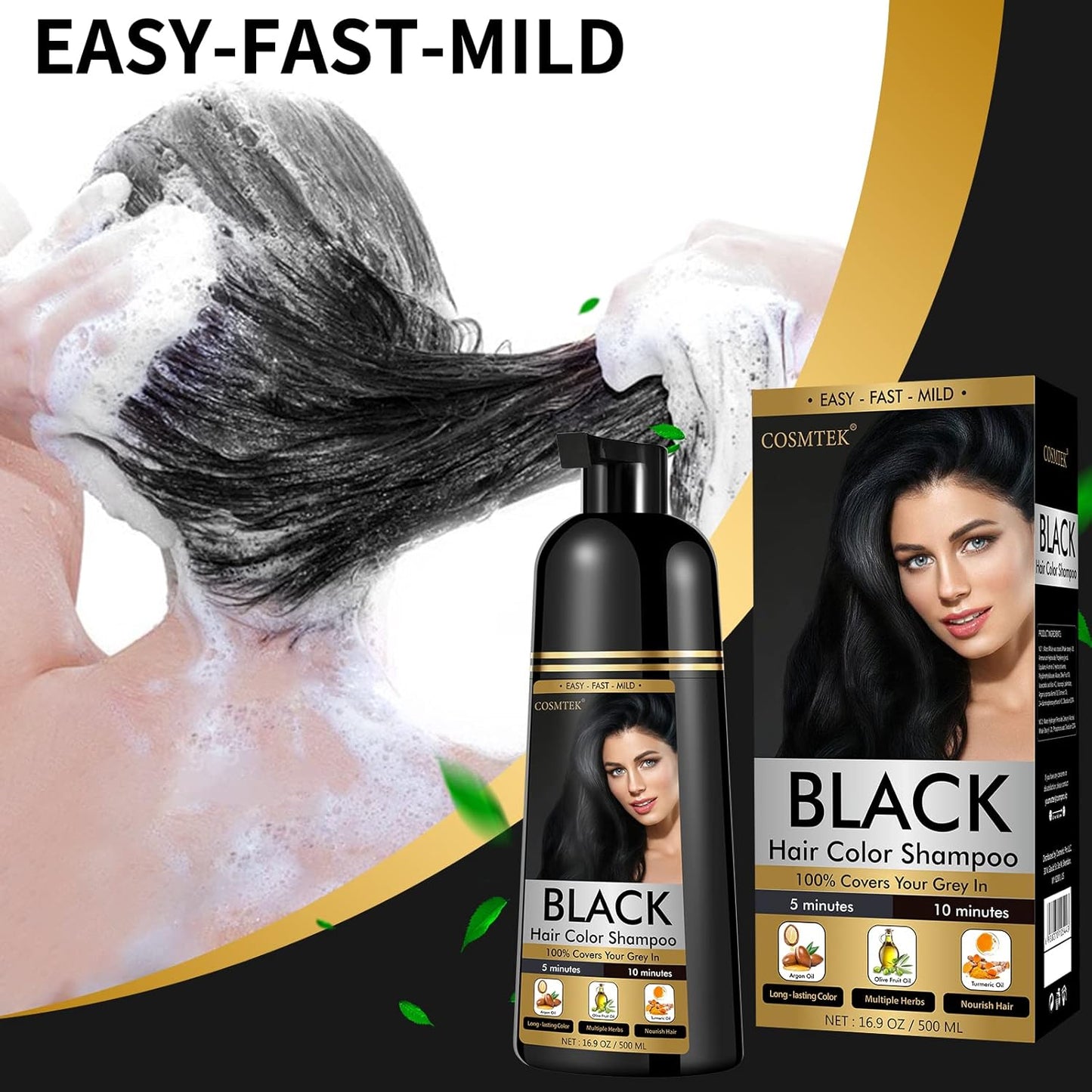 Black Dye Shampoo for Permanent Hair Color - Men&Women, Gray Coverage, Beard & Treated Hair, 3-In-1, 30 Days/500ml/Ammonia-Free/Natural Herbal