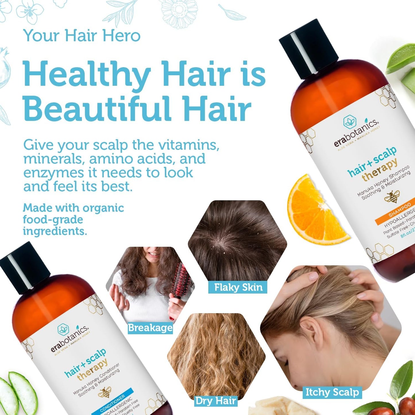 Era Organics Manuka Honey Dry Scalp Shampoo - Sulfate Free, Soothing and Moisturizing for Damaged Hair - Family Friendly for Women or Men