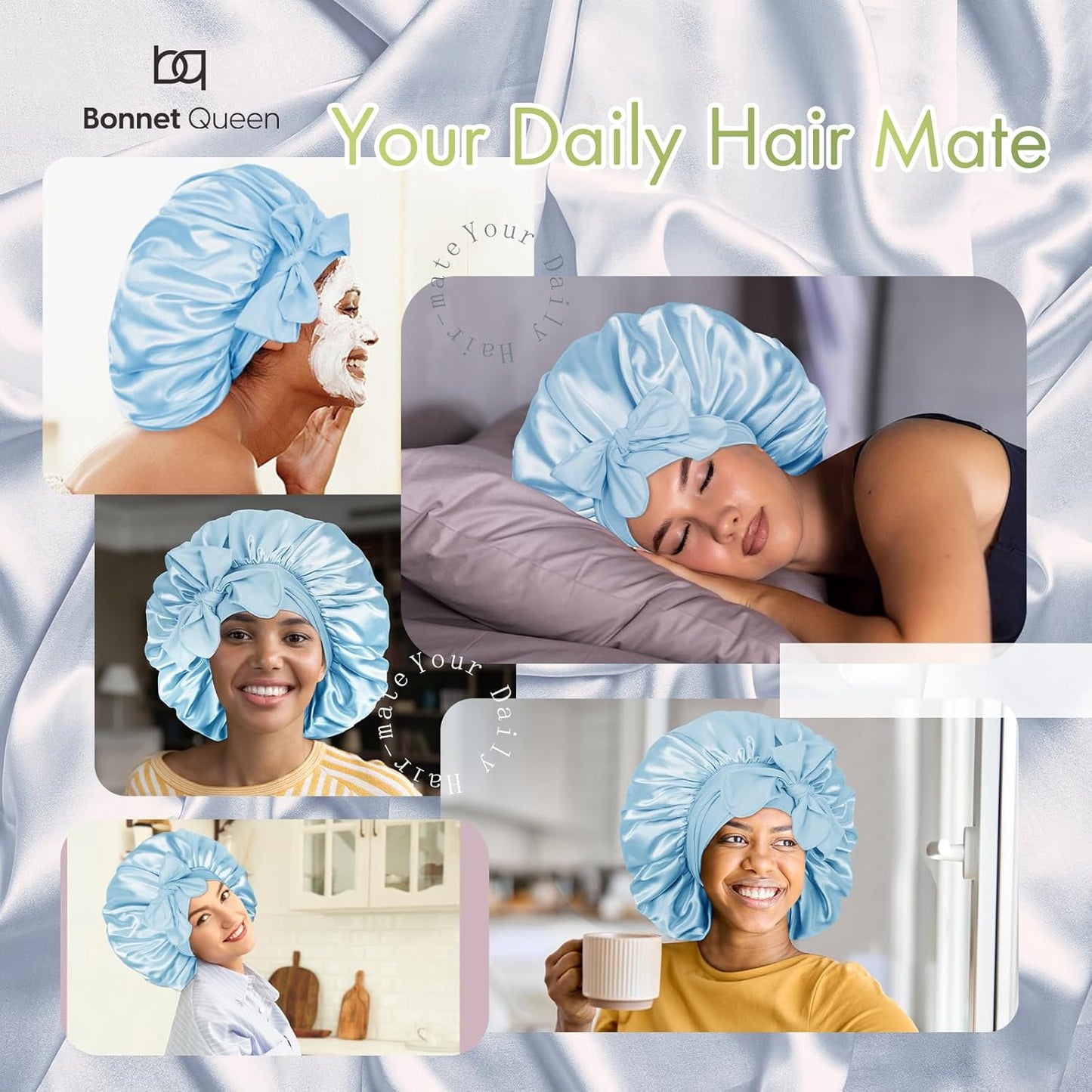 BONNET QUEEN Silk Bonnet for Sleeping Women Big Satin Bonnet Night Sleep Cap Wrap for Curly Hair with Adjustable Tie Band, Single Layer, Large, Light Blue