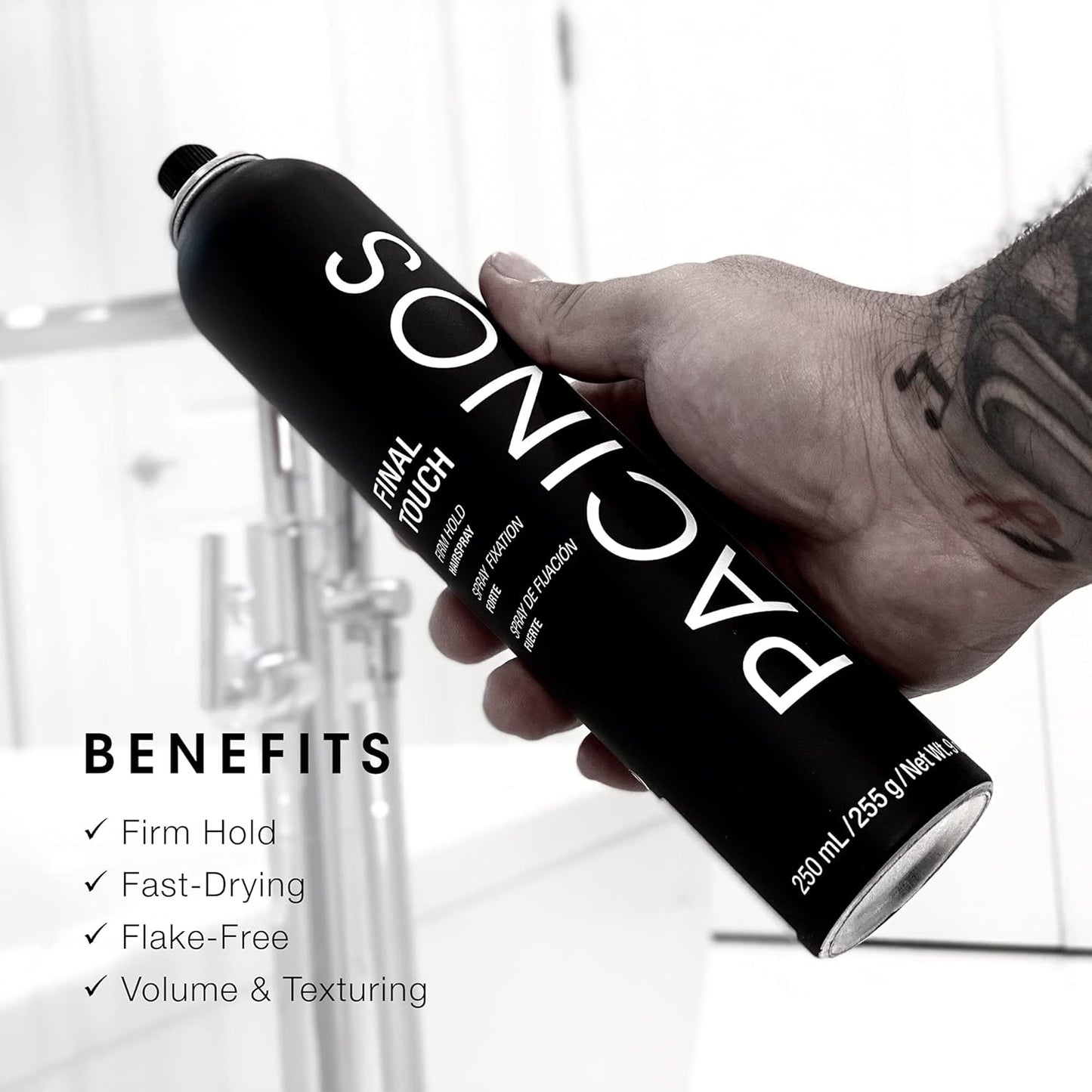 Pacinos Final Touch Hairspray, Anti-Frizz, Firm Hold, Flexible, Fast Drying and Flake Free Aerosol, Add Volume, Texture and Strength to your Hairstyle, Works Against Wind, Moisture and Humidity