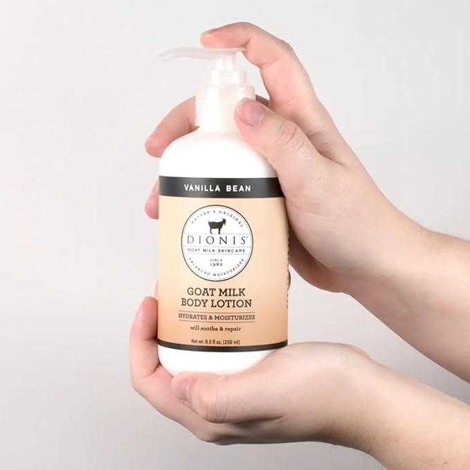 Dionis Goat Milk Skincare Vanilla Bean 8.5oz Hydrating Body Lotion and 3.3oz Hand & Body Moisturizing Travel Size Cream Scented Bundle, Natural Ingredients, Made in the USA, Cruelty Free, Paraben Free