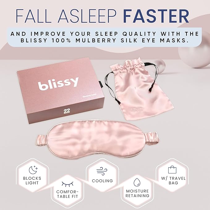 Blissy Silk Sleep Mask - Silk Eye Sleeping Mask for Women & Men for Total Blackout - 100% Pure Mulberry Silk, 22 Momme 6a Fibers - Blindfold Silk Sleep Mask Side Sleeper Eye Cover (Pink)