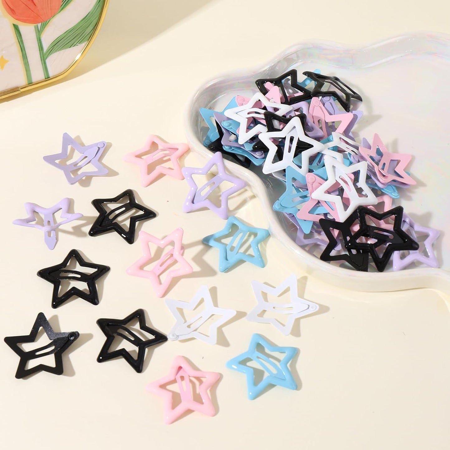 50pcs Cute Star Hair Clips - Metal Snap Non Slip Star Barrettes for Women - Black, White, Pink, Purple, Blue
