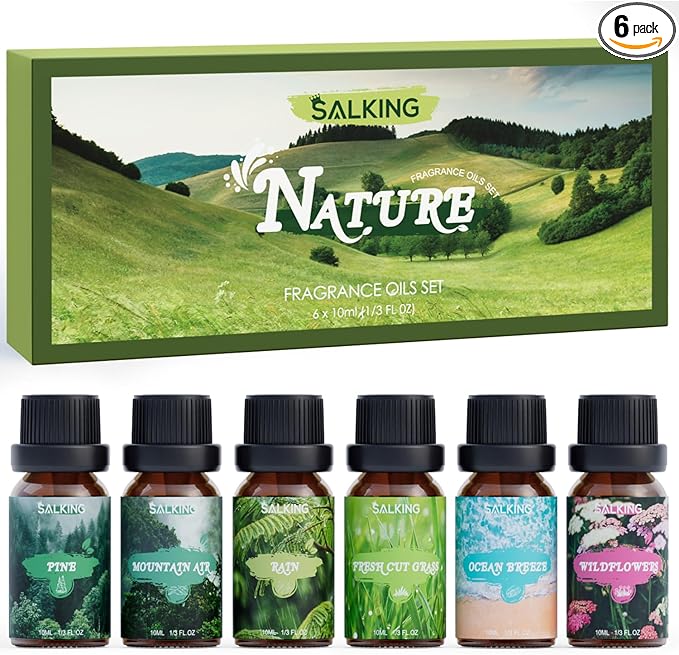 SALKING Nature Fragrance Oils, Premium Essential Oil for Diffuser, Scented Oil Gift Set for Soap Candle Making - Pine, Ocean Breeze, Rain, Fresh Cut Grass, Wildflowers, Mountain Air