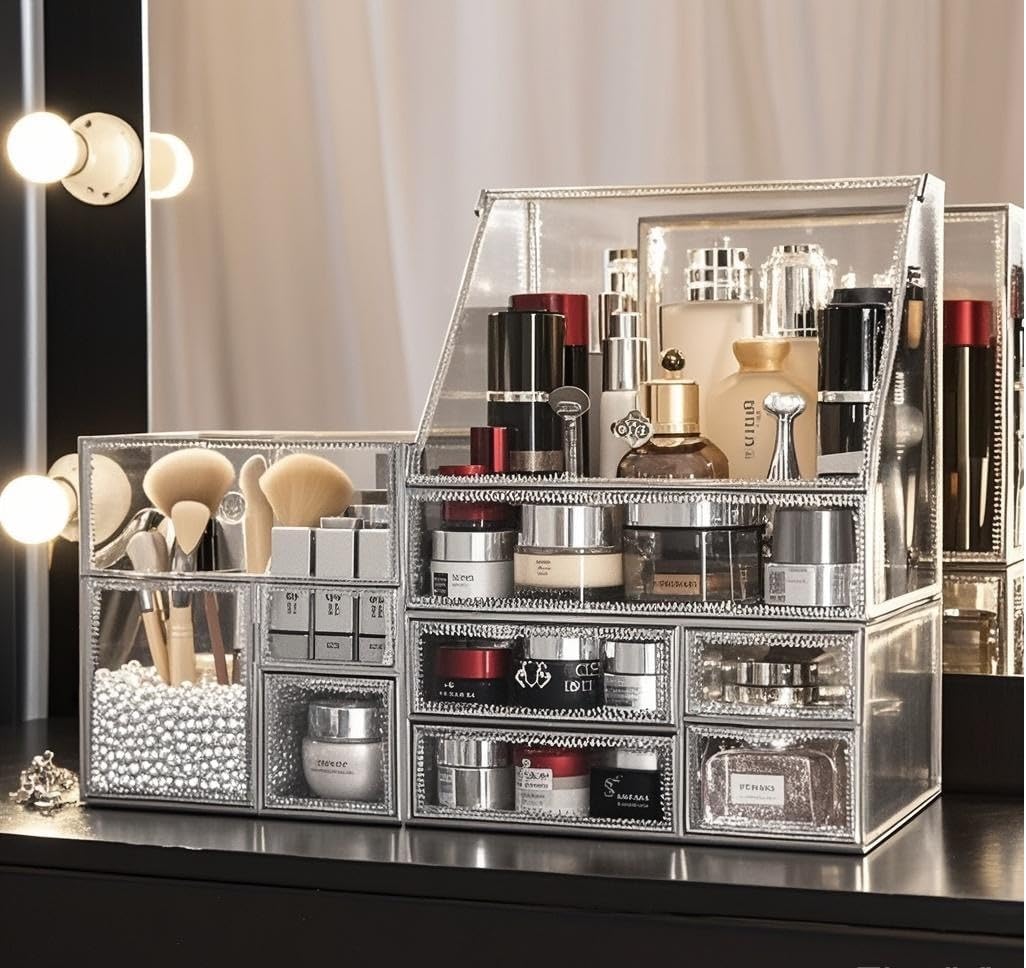 Glass Makeup Organizer for Vanity/Stackable 2Pieces Drawer Set/Antique Countertop Vanity Cosmetic Storage Box Mirror Glass Beauty Display, Holder for Brushes Lipsticks Skincare Toner (Silver)