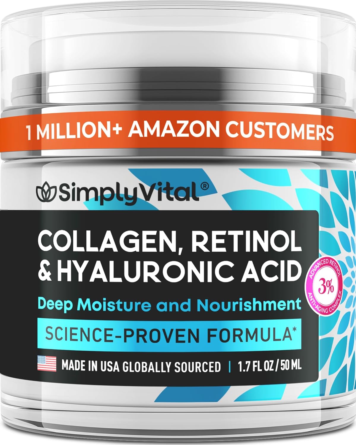 SimplyVital Collagen, Retinol & Hyaluronic Acid Cream - Anti-Aging Face Moisturizer for Face, Firming Skin Care Neck & Décolleté - Made in USA, Daily Moisturizer Face Cream Day & Night - 1.7 fl.oz.