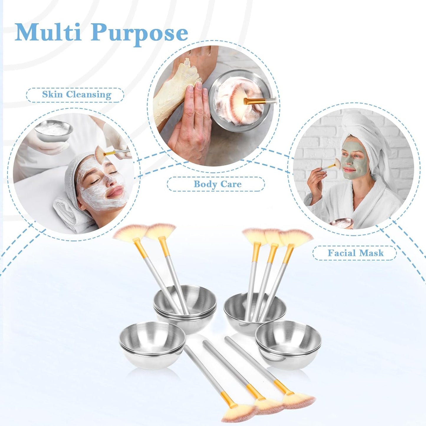 8 Pcs Silver Esthetician Supplies 4 Facial Fan Brushes Esthetician 4 Silver Stainless Steel Mixing Bowls Face Mask Brush Facial Bowls Esthetician for Mud Cream Makeup Spa Salon Women