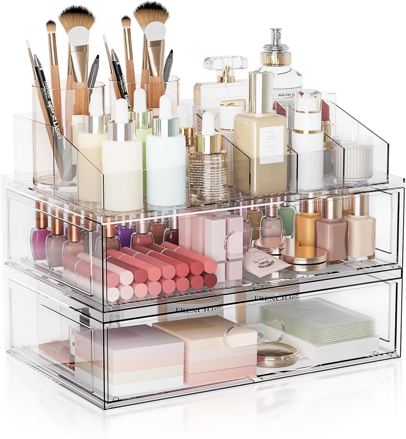 Clear Stackable Makeup Organizer with Drawer, 12''W Acrylic Storage Drawers, Cosmetic Display Case for Vanity Bathroom Countertop, Beauty Holder for Lipstick Brush Skincare Perfume