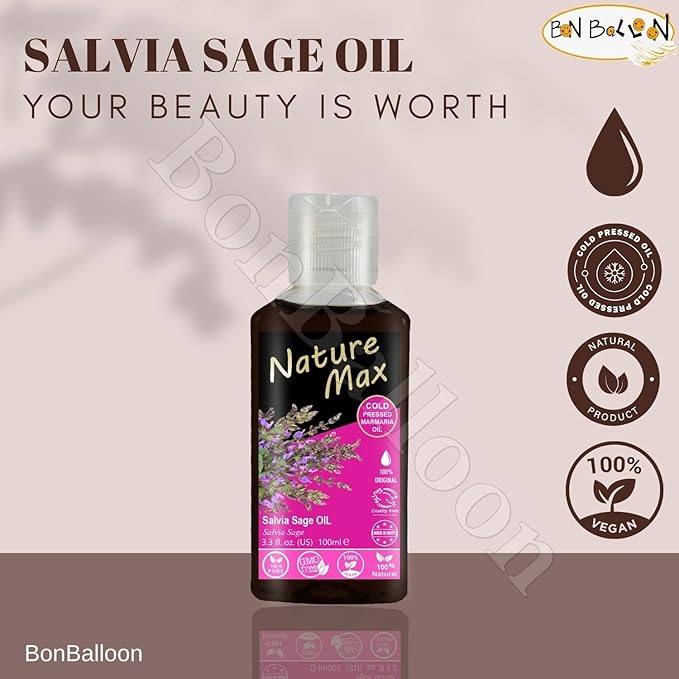 Nature Max Marmaria Salvia Sage Oil Natural Undiluted Pure For Hair & Skin Care Cold Pressed Egyptian Egypt Arab Arabic Arabian Herbal Herb Herbs Kosher Halal (1Pack = 3.38 oz / 100 ml) زيت المرمرية