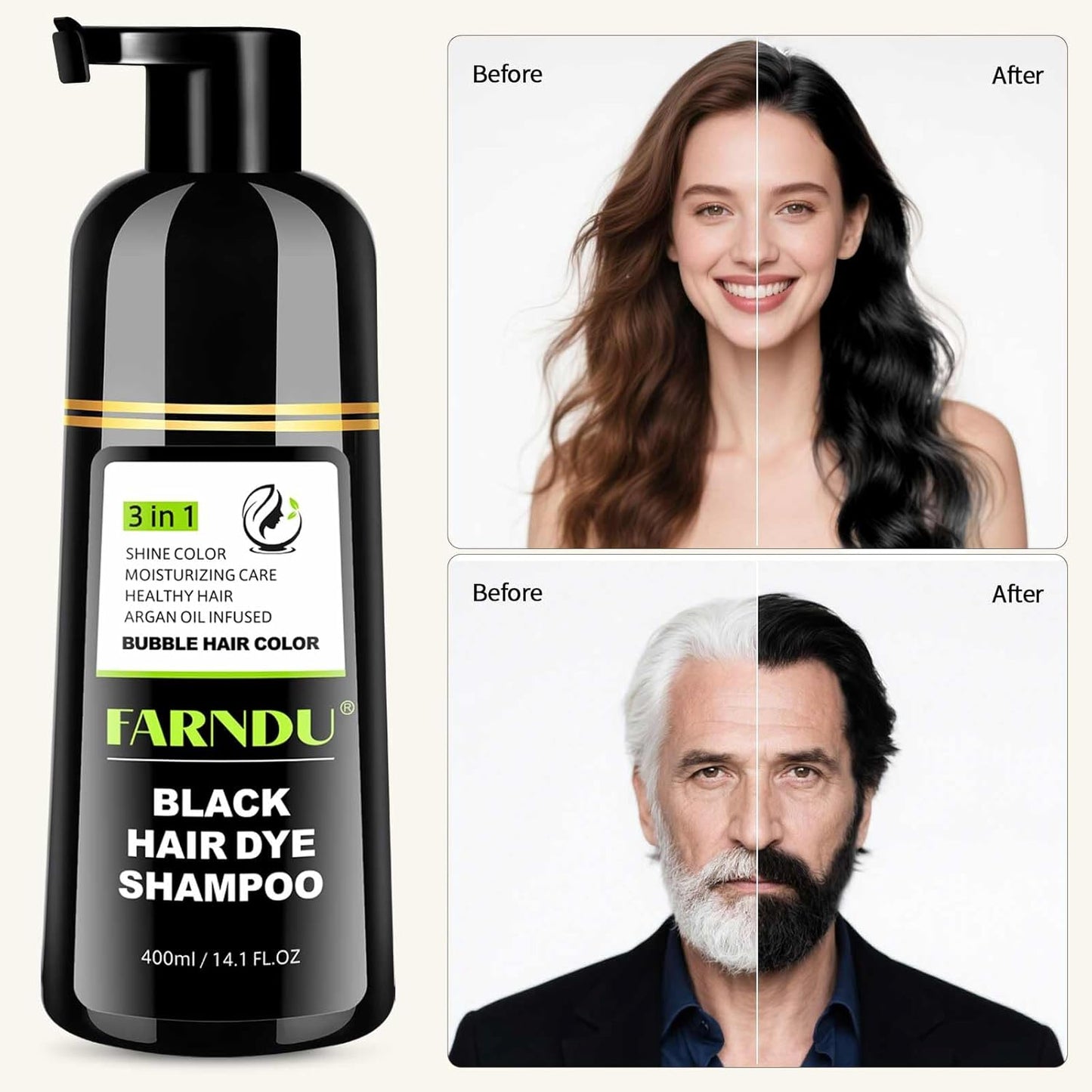 Black Hair Dye Shampoo- Gray Coverage, Herbal Natural 3 in 1 Hair Color Shampoo for Men & Women