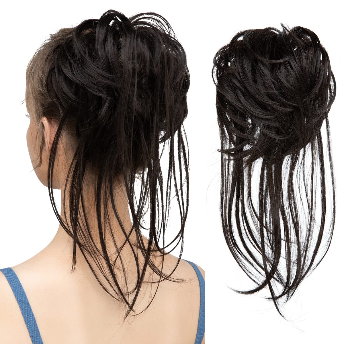 CJL HAIR Messy Bun Hair Piece Curly Hair Bun Extensions with Straight Tails Synthetic Hair Scrunchies Ponytail Hairpieces for Women Black Brown