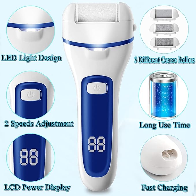 Electric Feet File Callus Remover for Feet, 13-in-1 Professional Pedicure Tools Foot Care Kit, Foot Scrubber Pedi for Hard Cracked Dry Dead Skin, 3 Rollers, 2 Speed, Battery Display