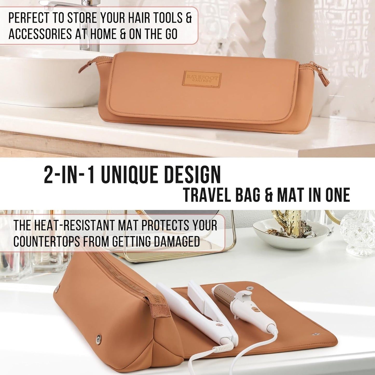 BAREFOOT CARIBOU Hair Tools Travel Bag and Heat Resistant Mat for Flat Irons, Straighteners, Curling Iron, and Haircare Accessories, 2-in-1 design, with Interior Pockets, Portable Organizer