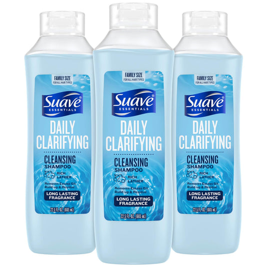 Suave Clarifying Shampoo, Family-Size 3-Pack – pH-Balanced & Hypoallergenic Daily Deep Cleansing Shampoo for Normal to Oily Hair, 22.5 Oz Ea