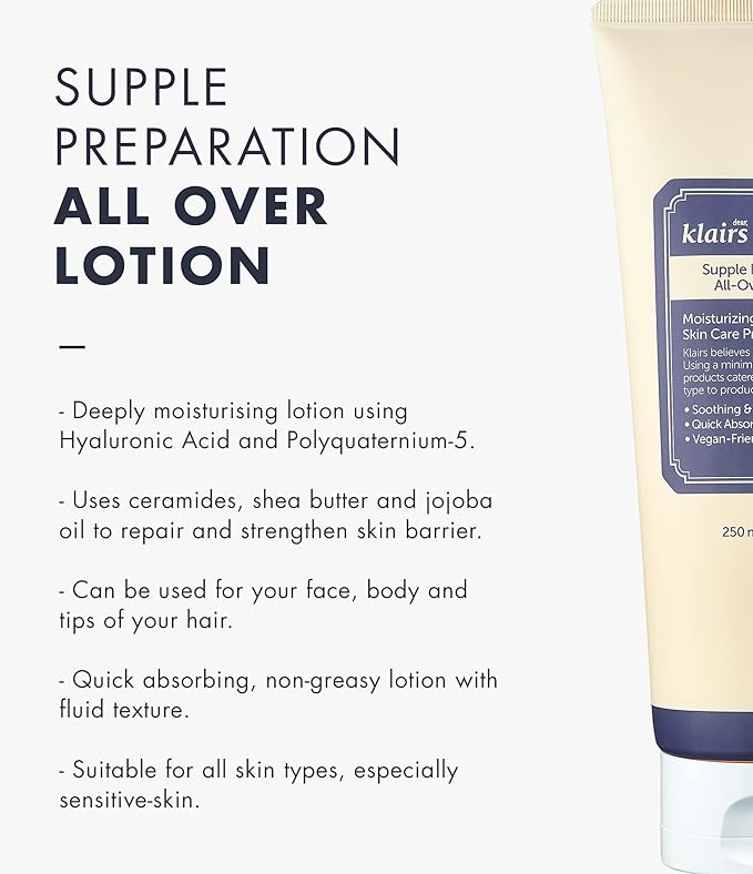 DearKlairs] Supple Preparation All-over lotion, Daily face and body moisturizer, for sensitive skin, Essential oil Free, Artificial fragrance free,250ml, 8.45oz